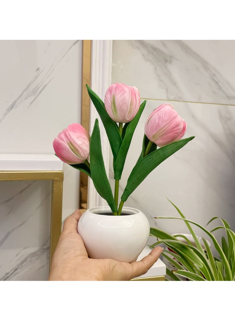 سيوسي مصباح طاولة LED بتصميم توليب وإناء سيراميكي، بثلاث رؤوس تمثل باقة زهور وهمية، مصباح ليلي لغرفة النوم، والجانبية، وغرفة المعيشة محاكاة مصباح توليب لديكور المنزل وتزيين المكتب - Image 5