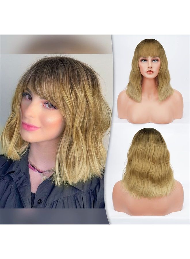 BARSDAR Short Wavy Wig With Bangs, Short Bob Blonde Wig for Women Pastel Wavy Synthetic Shoulder Length Cosplay Party Wigs With Free Wig Cap For Women Girls Daily Use Colorful Wigs(14'', Ombre Blonde) - Image 1