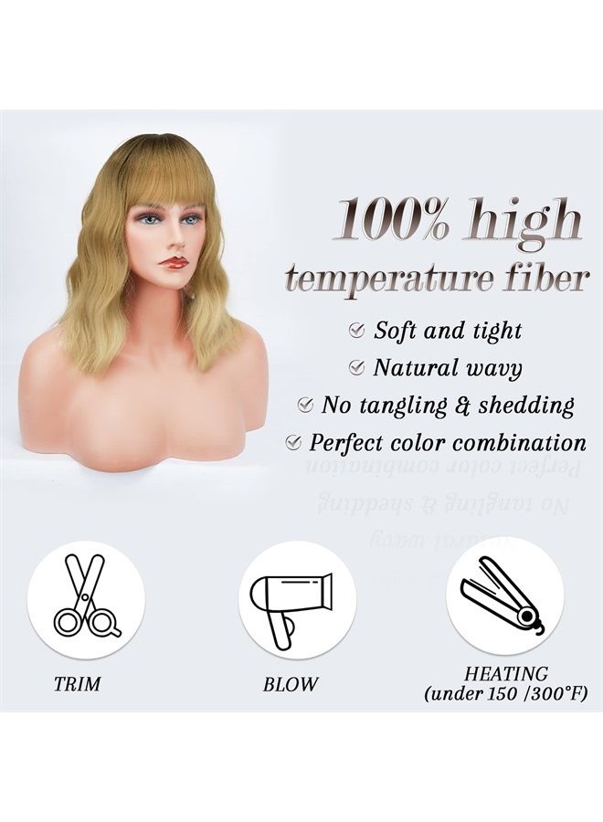 BARSDAR Short Wavy Wig With Bangs, Short Bob Blonde Wig for Women Pastel Wavy Synthetic Shoulder Length Cosplay Party Wigs With Free Wig Cap For Women Girls Daily Use Colorful Wigs(14'', Ombre Blonde) - Image 3