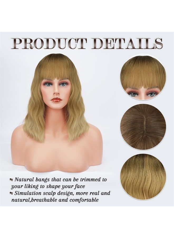 BARSDAR Short Wavy Wig With Bangs, Short Bob Blonde Wig for Women Pastel Wavy Synthetic Shoulder Length Cosplay Party Wigs With Free Wig Cap For Women Girls Daily Use Colorful Wigs(14'', Ombre Blonde) - Image 4