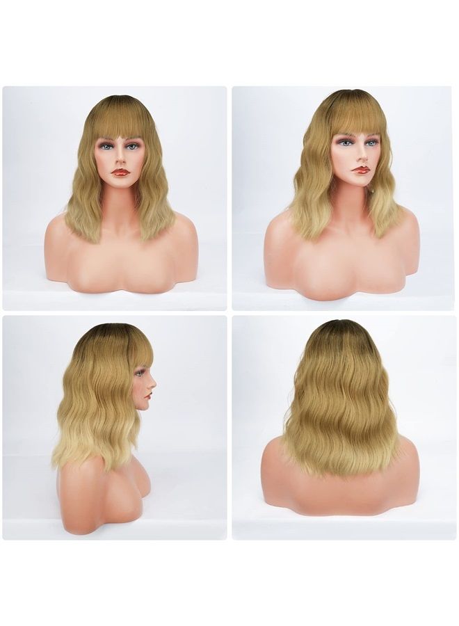 BARSDAR Short Wavy Wig With Bangs, Short Bob Blonde Wig for Women Pastel Wavy Synthetic Shoulder Length Cosplay Party Wigs With Free Wig Cap For Women Girls Daily Use Colorful Wigs(14'', Ombre Blonde) - Image 2