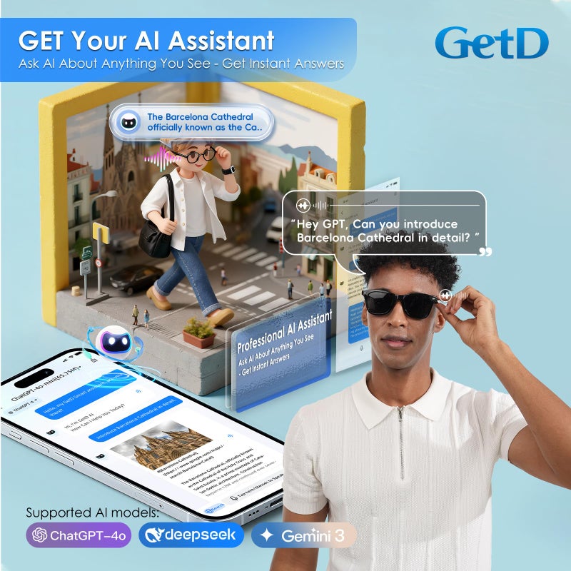 GetD 2026 AI Glasses for Men & Women, Smart Glasses Powered by ChatGPT, AI Real-time Translation with 145 Languages, 11H Music Play, Bluetooth Sunglasses with Polarized Lens, UV Protection for Travel - Image 4