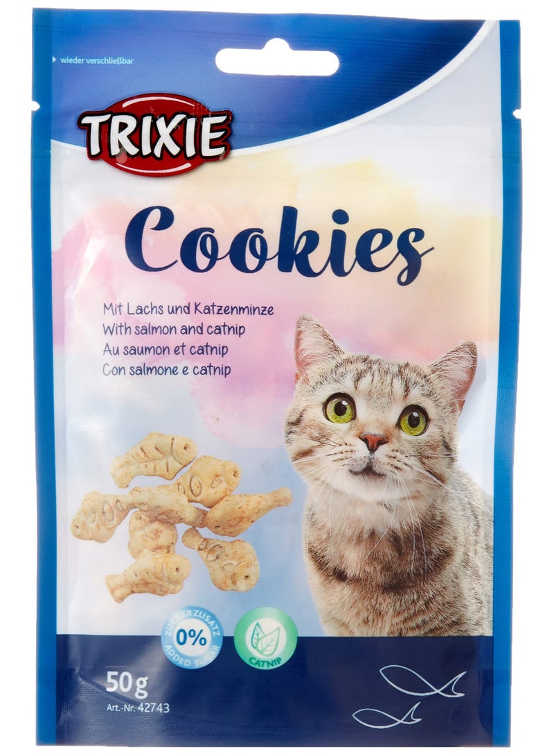 Trixie Cookies Cat Treats with Salmon and Catnip 50g Crunchy Fish-Shaped Snacks with No Added Sugar - Image 1