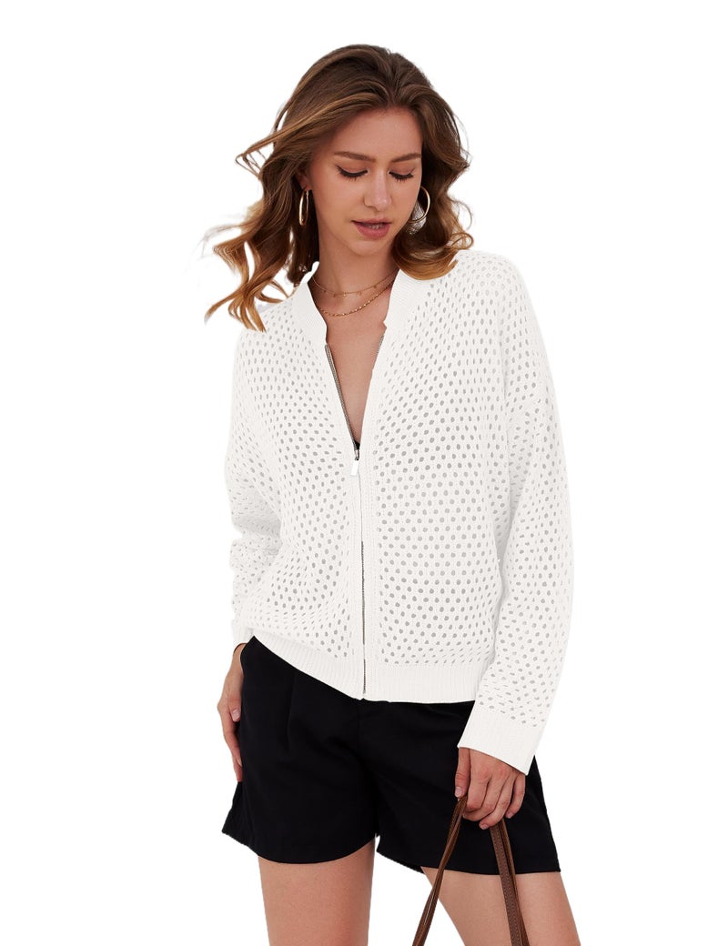 HOCANDY Womens Zip Up Crochet Cardigan Sweater Oversized Long Sleeve Hollow Out Knit Bomber Jacket Fishnet Sweaters - Image 1
