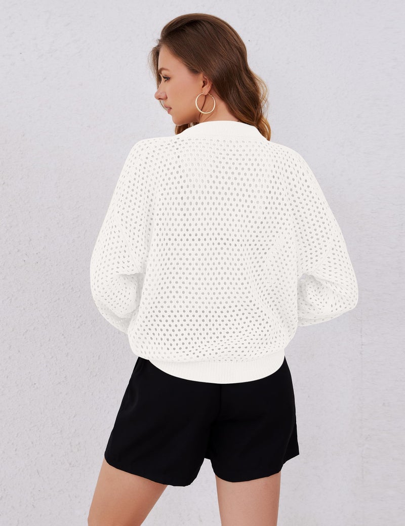 HOCANDY Womens Zip Up Crochet Cardigan Sweater Oversized Long Sleeve Hollow Out Knit Bomber Jacket Fishnet Sweaters - Image 2