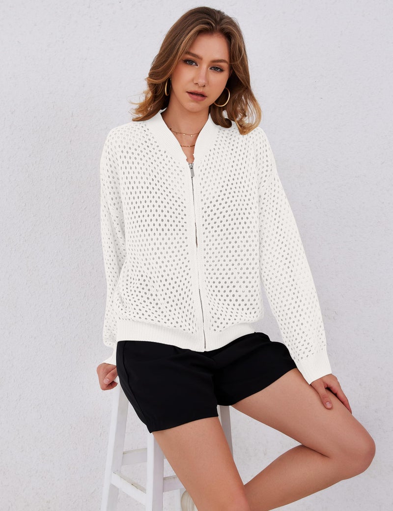 HOCANDY Womens Zip Up Crochet Cardigan Sweater Oversized Long Sleeve Hollow Out Knit Bomber Jacket Fishnet Sweaters - Image 5