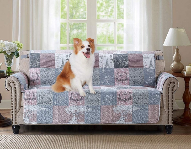 Brilliant Sunshine Brilliant Sunshine Paris and Toile Floral Couch Slip Cover Patchwork Design Quilted Slipcover with 2 Strap 70 Seat Slip Resistant Cushion Protector Washable Sofa Covers for Dogs Latte Grey