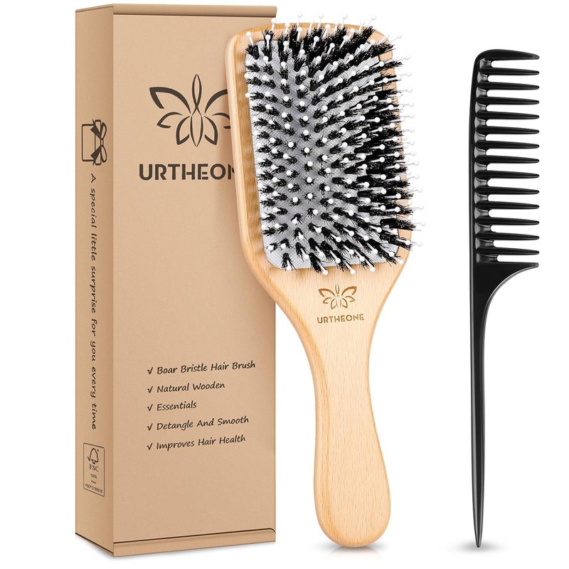 URTHEONE Hair BrushBoar Bristle Hair Brushes and Styling Comb Set for Women Men Kids Best Natural Wooden Paddle Hairbrush for Wet or Dry Hair Detangling Smoothing Massaging