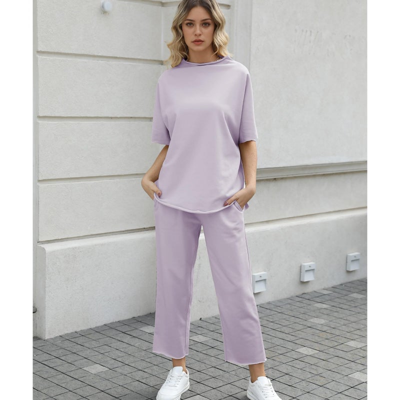 SeeLuNa Women's Two Piece Outfits 3/4 Batwing Sleeve Capelet Crew Neck Pullover Top Wide Leg Pants Lounge Set(Light-Purple,XL) - Image 5