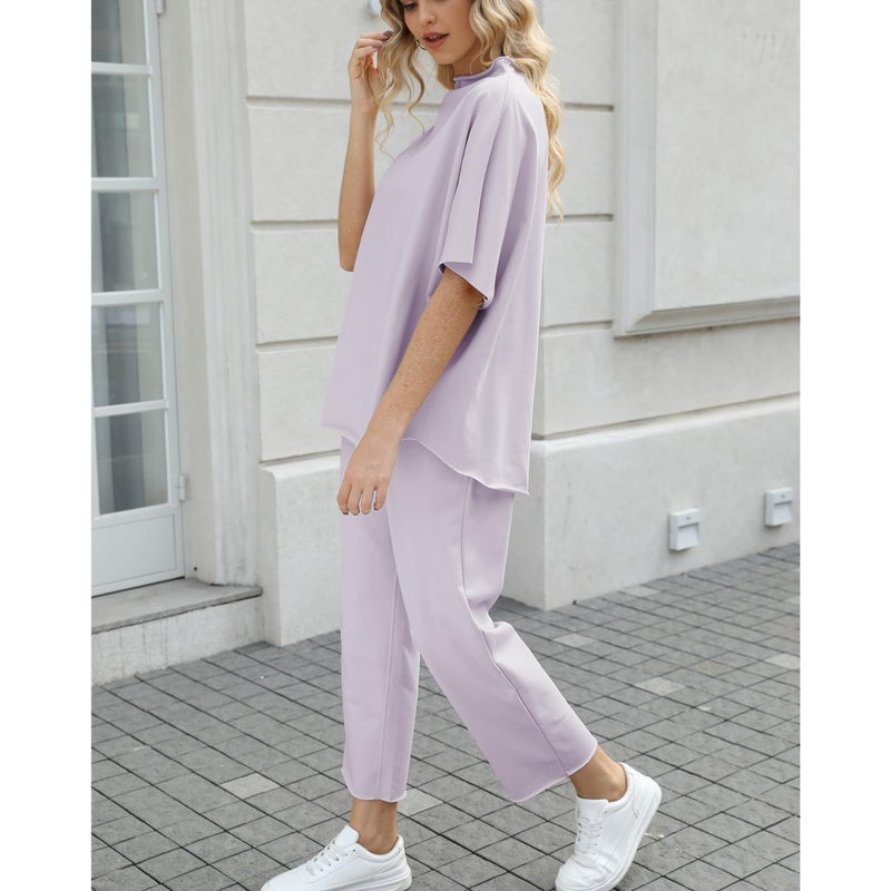 SeeLuNa Women's Two Piece Outfits 3/4 Batwing Sleeve Capelet Crew Neck Pullover Top Wide Leg Pants Lounge Set(Light-Purple,XL) - Image 3