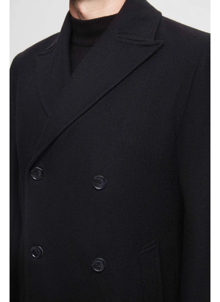 D'S DAMAT Regular Fit Black Herringbone Double Breasted Coat 3HF0832200151
