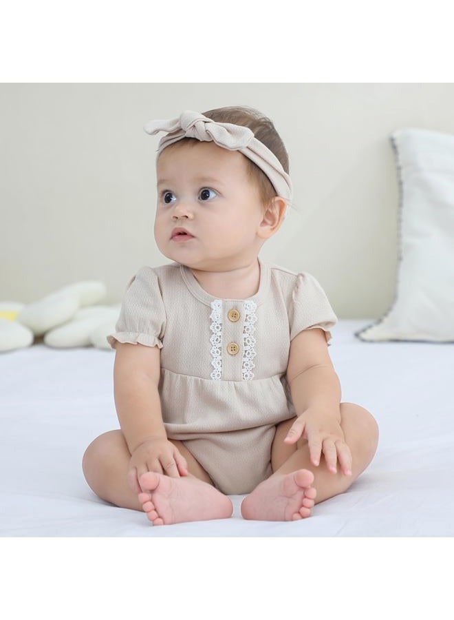 Ruliby Baby Girl Outfit Cotton Bubble Romper Floral Dress Infant Girls Clothes 3-pack, Blue Floral/Blue/Beige Short-sleeved, 3-6 Months - Image 3