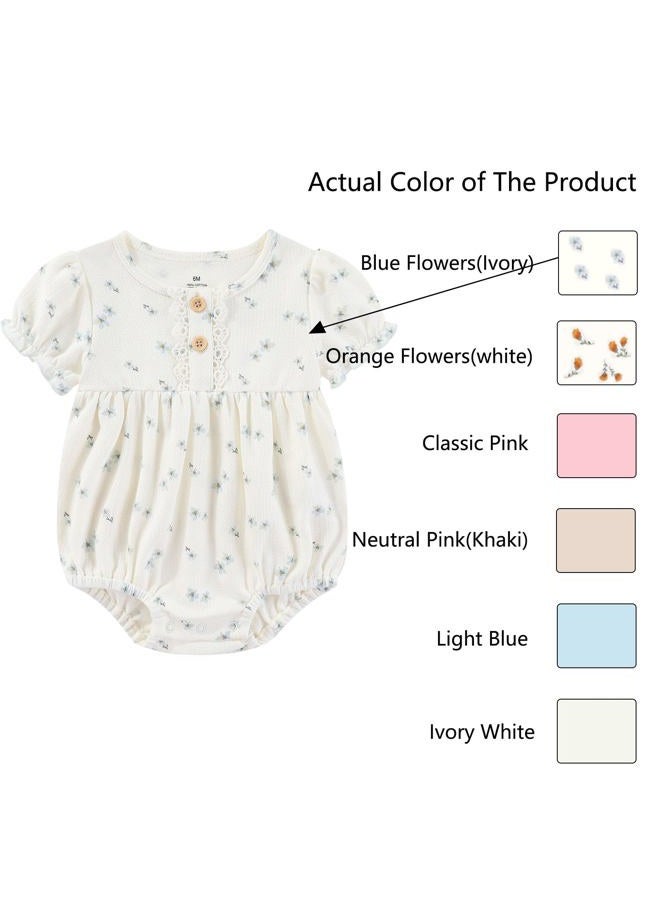 Ruliby Baby Girl Outfit Cotton Bubble Romper Floral Dress Infant Girls Clothes 3-pack, Blue Floral/Blue/Beige Short-sleeved, 3-6 Months - Image 4