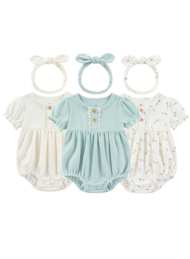 Ruliby Baby Girl Outfit Cotton Bubble Romper Floral Dress Infant Girls Clothes 3-pack, Blue Floral/Blue/Beige Short-sleeved, 3-6 Months - Image 1