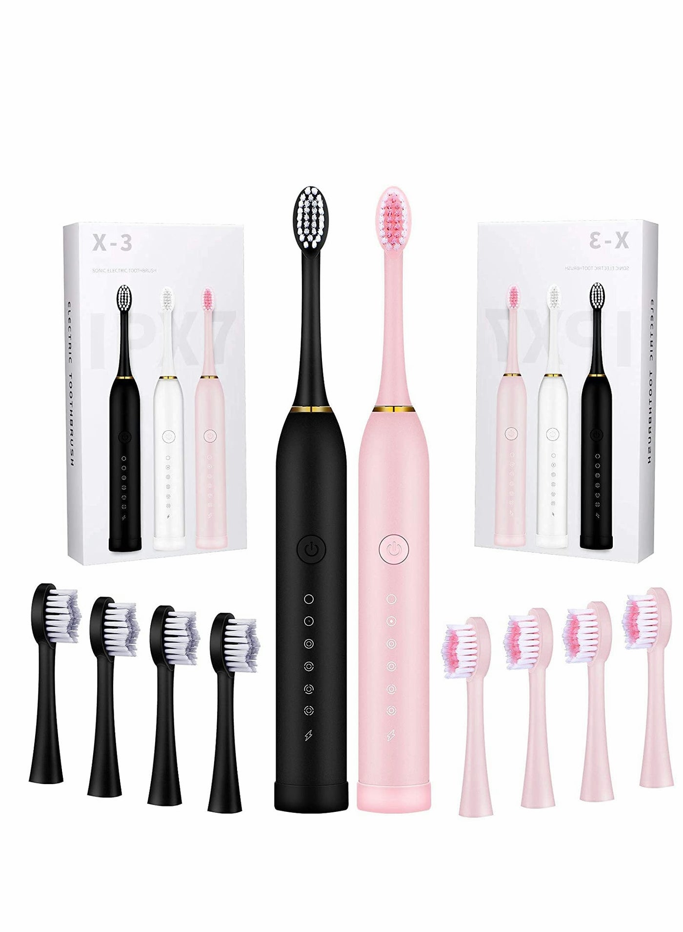Sonic Electric Toothbrushes with 2 Minutes Timer Rechargeable Electric Toothbrush Oral Care Whitening Toothbrush for Adults and Kids 8 Pieces Replacement Brush Heads Pink and Black