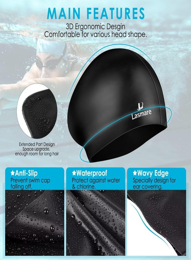 Lasmare Large Long Hair Swim Cap with Extra Room for Women Men, Silicone Swimming Cap for Long Thick Hair with Ear Plugs Nose Clip Set, Adult Waterproof Swim Hats Bathing Caps to Keep Hair Dry(Black) - Image 3