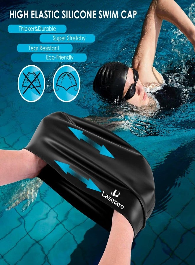 Lasmare Large Long Hair Swim Cap with Extra Room for Women Men, Silicone Swimming Cap for Long Thick Hair with Ear Plugs Nose Clip Set, Adult Waterproof Swim Hats Bathing Caps to Keep Hair Dry(Black) - Image 4