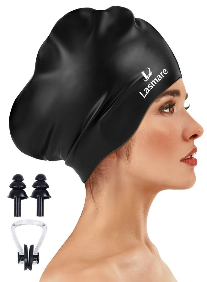 Lasmare Large Long Hair Swim Cap with Extra Room for Women Men, Silicone Swimming Cap for Long Thick Hair with Ear Plugs Nose Clip Set, Adult Waterproof Swim Hats Bathing Caps to Keep Hair Dry(Black) - Image 1