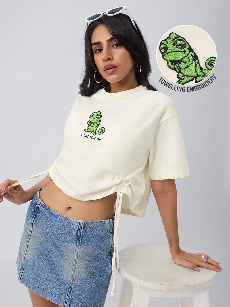 The Souled Store Disney: Don't Test Me Women and Girls Short Sleeves Round Neck Light Yellow Graphic Embroidered Cotton Oversized Lightweight Everyday Streetwear T-Shirt - Image 1