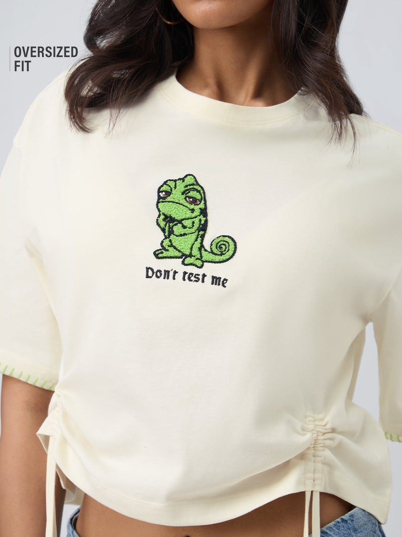 The Souled Store Disney: Don't Test Me Women and Girls Short Sleeves Round Neck Light Yellow Graphic Embroidered Cotton Oversized Lightweight Everyday Streetwear T-Shirt - Image 2