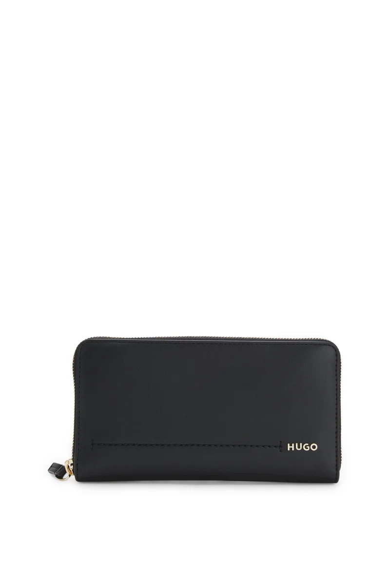 Ziparound wallet in smooth leather with metallic logo lettering