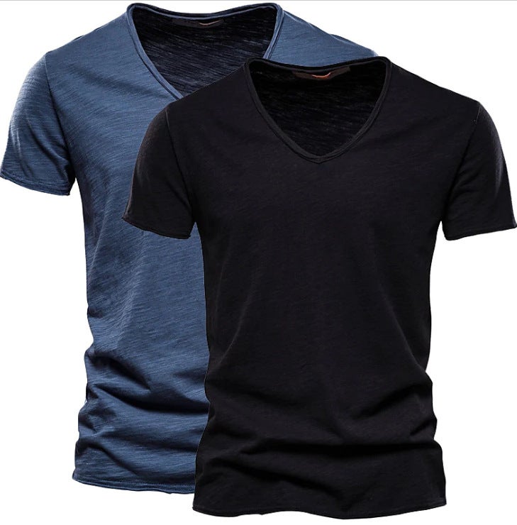 2 حزمة الرجال اللون الصلب Slub القطن V-Neck قصيرة الأكمام تي شيرتز، القطن النقي والأسلوب ملابس الرجال، نفس الأسلوب العلامة التجارية العصرية، رطوبة-Wicking والعرق-Wicking - Image 1