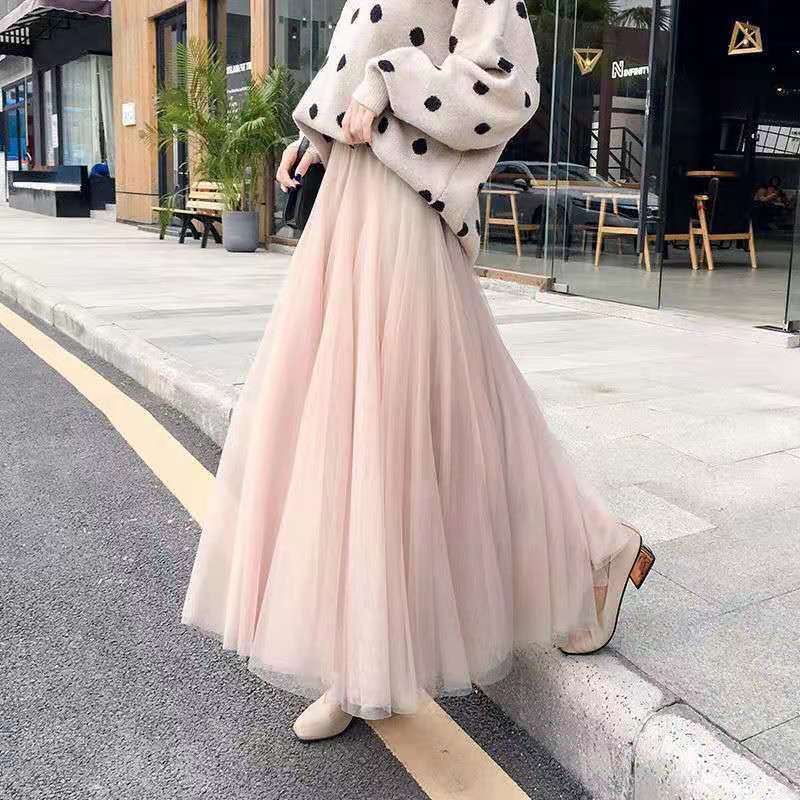 Mesh Skirt Womens Spring New Large Swing A- line Gauze Skirt Mid-length Korean-style Pleated High Waist Puff Fairy Skirt Nude - Image 2