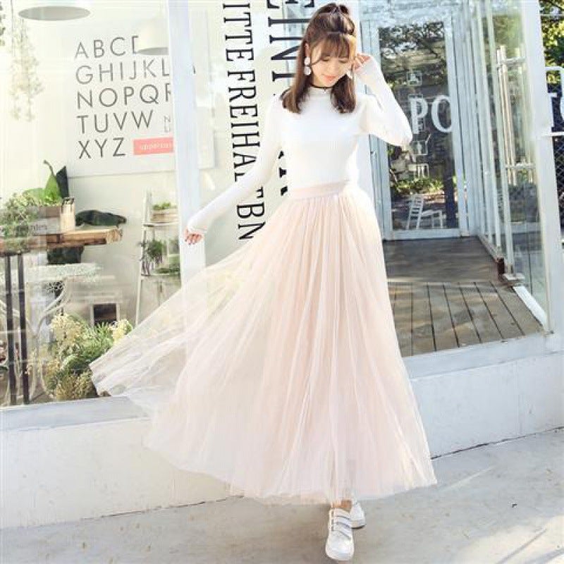 Mesh Skirt Womens Spring New Large Swing A- line Gauze Skirt Mid-length Korean-style Pleated High Waist Puff Fairy Skirt Nude - Image 1