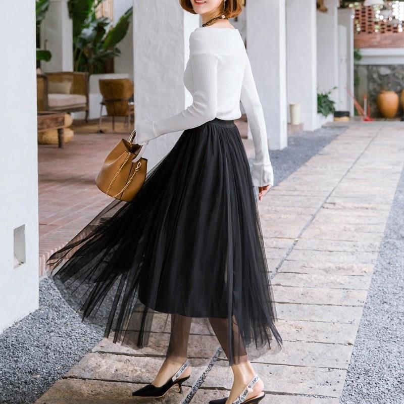 Mesh Skirt Womens Spring New Large Swing A- line Gauze Skirt Mid-length Korean-style Pleated High Waist Puff Fairy Skirt Nude - Image 3