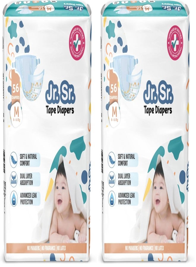 Jr. Sr. Baby Tape Style Diaper | Adjustable Fit for Babies | Medium (M) Size (6-11 kg), 56 Count | Pack of 2 | Upto 12 hr Absorption with Advanced Leak Protection | Soft & Comfy