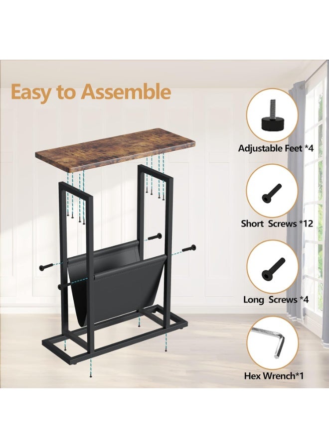 طاولة جانبية خشبية ضيقة 2 في 1، طاولة معدنية رفيعة، طاولة مجلات، طاولة سرير رفيعة، طاولة بجانب السرير مع حامل مجلات للمنزل والمكتب - Image 4