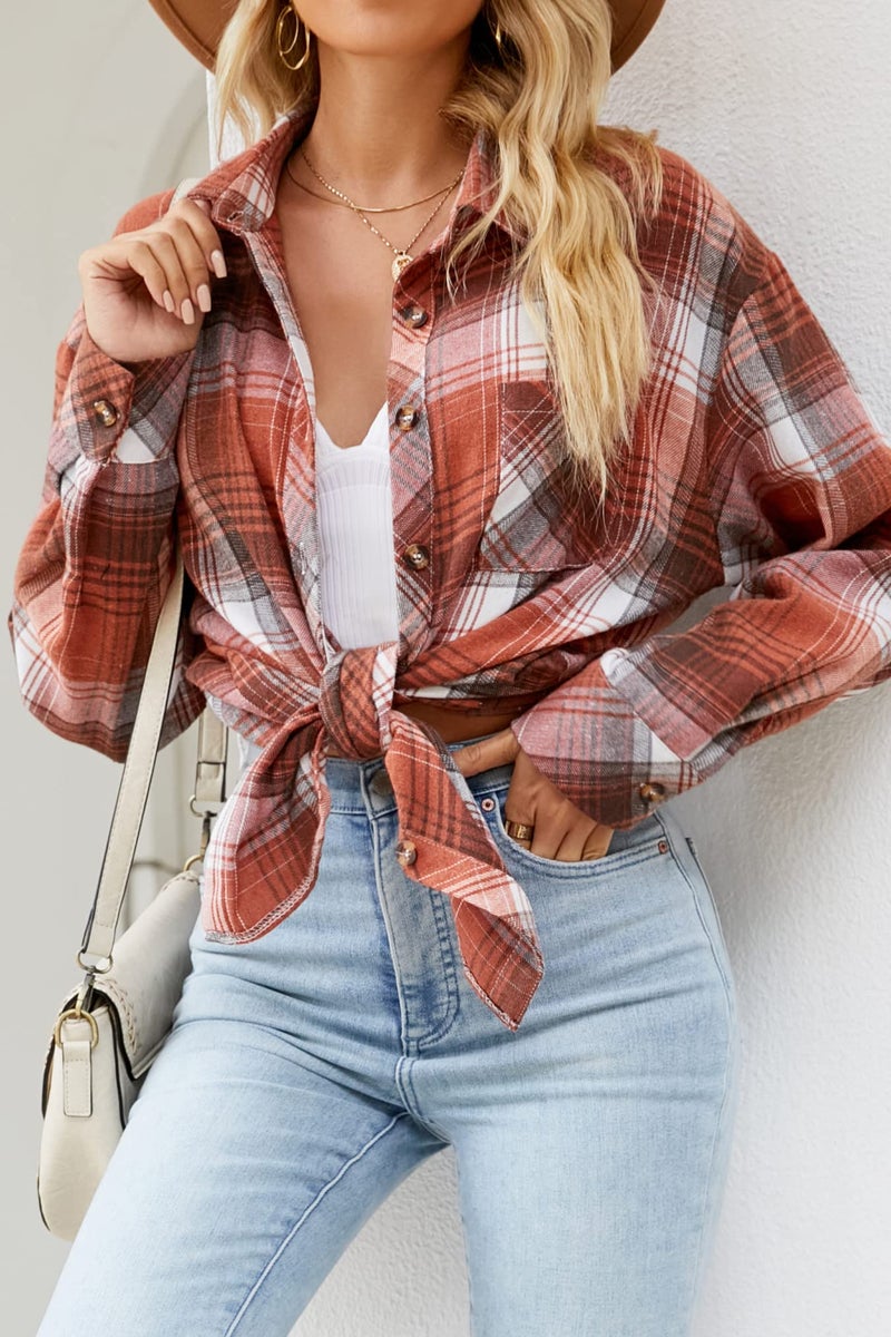 CHYRII Womens Button Down Flannel Shirts Long Sleeve Plaid Shacket Business Casual Blouse Topss Rust-7123 L - Image 3