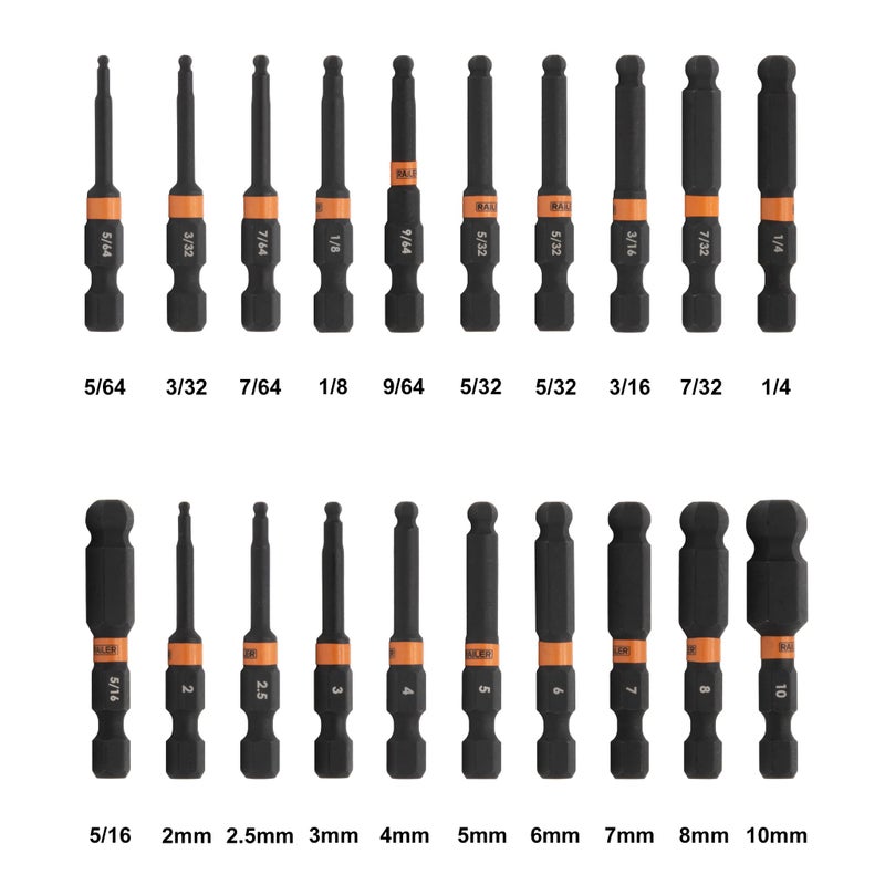 Railer Ball End Hex Bit Set - Railer 2 Inch Impact Driver 20pc Hex Bit Set With A Bit Holder & Carabiner. Premium S2 Steel, Ideal For Furniture Screws - Image 2