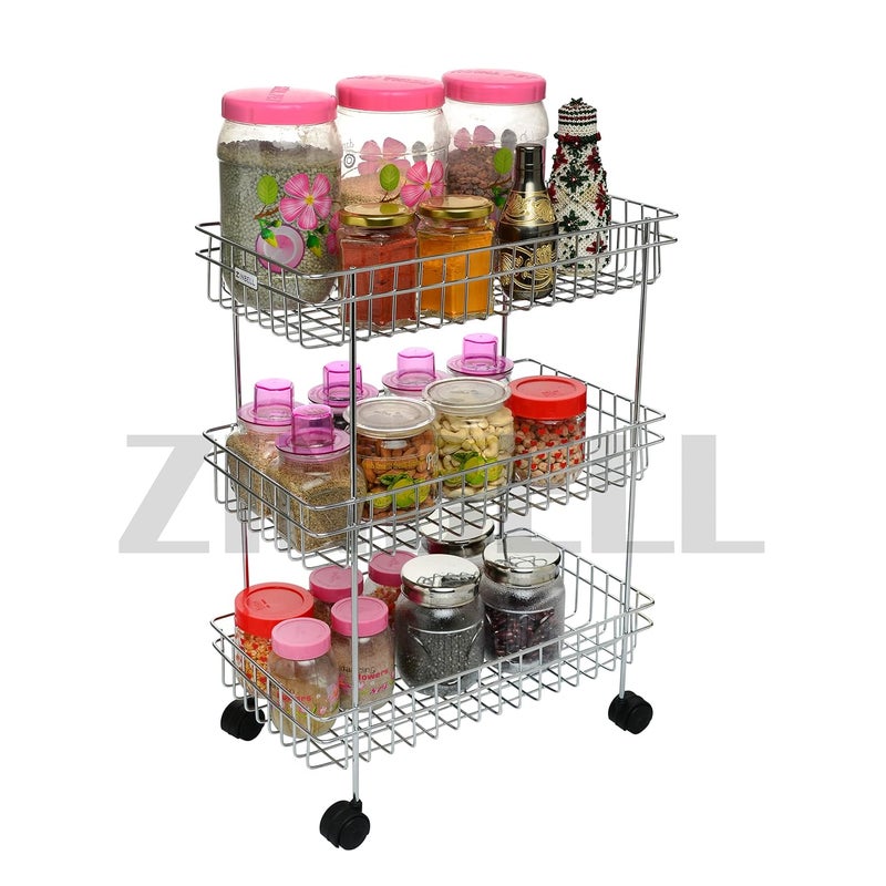 ZINBELL WROLAVI Stainless Steel Basket with Wheels for Vegetable Fruits Jars Container Storage Rack Design Organizer Stand for Kitchen 3 Shelf - Image 2