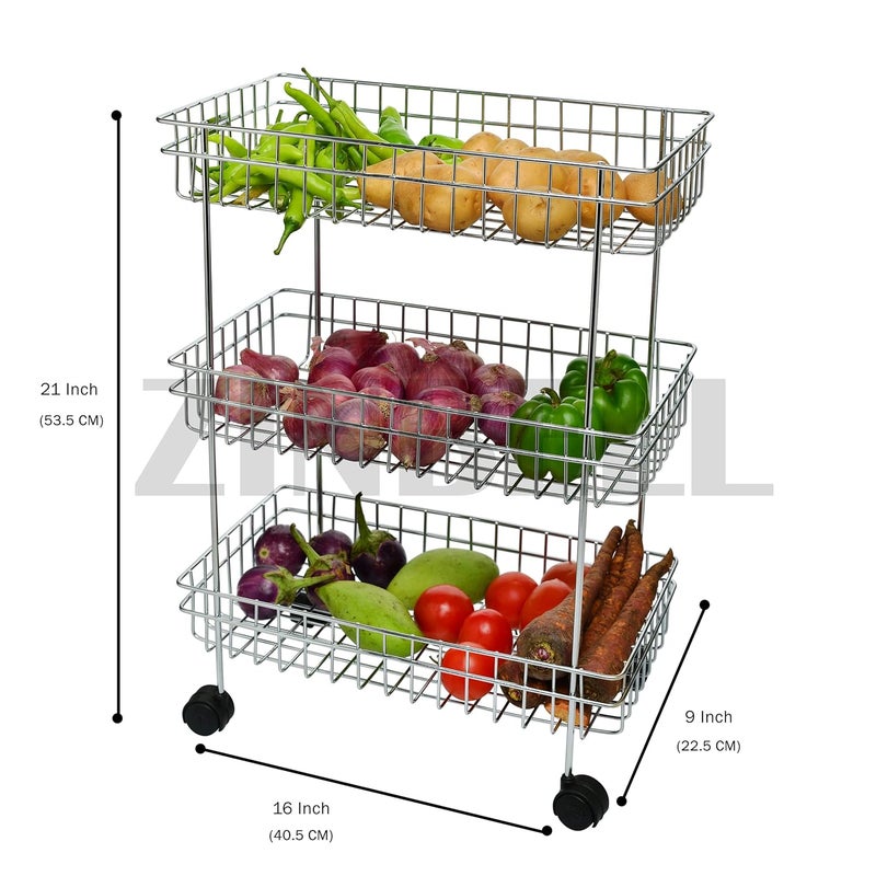 ZINBELL WROLAVI Stainless Steel Basket with Wheels for Vegetable Fruits Jars Container Storage Rack Design Organizer Stand for Kitchen 3 Shelf - Image 5