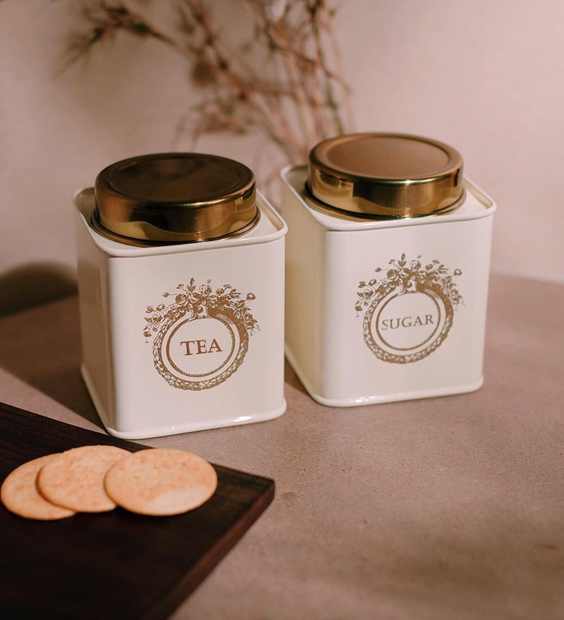 Elan Dreamer Sugar Canister 650ml Each, Stainless Steel Square Air-Tight Container for Kitchen Rack, Food Storage Jar, Kitchen Grocery Organizer (Tea-Sugar Off White) - Image 1