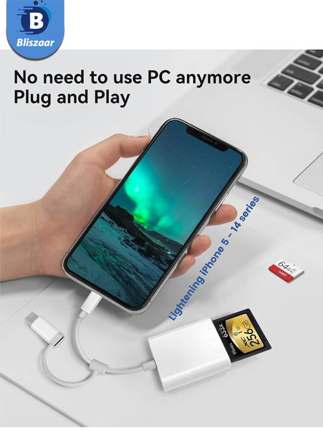 Bliszaar SD Card Reader for iPhone iPad, Oyuiasle Digital Trail Camera SD Card Viewer with Dual Slot for MicroSD/SD, Lightening&USBC Dual-Connector Memory Card Adapter for Photography, Plug and Play  - Image 3