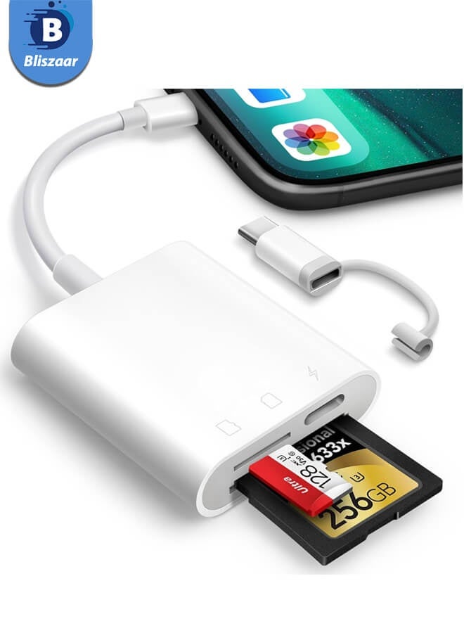 Bliszaar SD Card Reader for iPhone iPad, Oyuiasle Digital Trail Camera SD Card Viewer with Dual Slot for MicroSD/SD, Lightening&USBC Dual-Connector Memory Card Adapter for Photography, Plug and Play  - Image 1