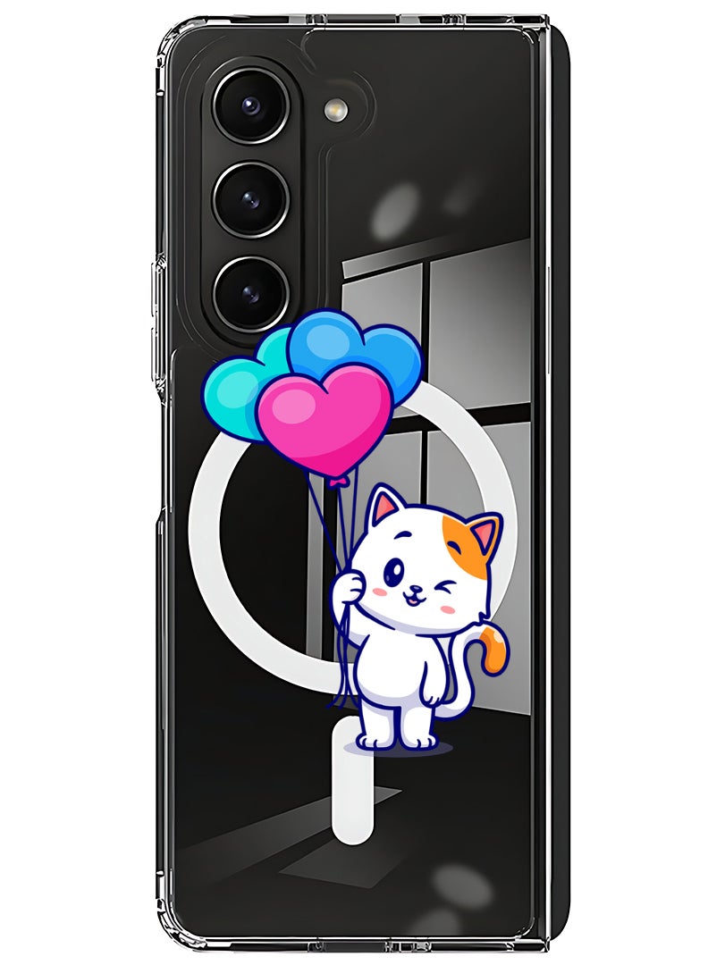 Theodor Magnetic Case for Samsung Galaxy Z Fold 6 Compatible with MagSafe Wireless Charging, Shockproof Phone Bumper Cover Cat holding Baloons - Image 1