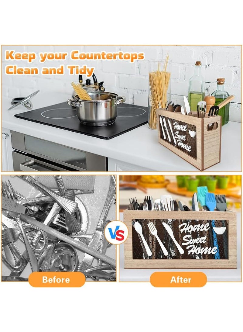 Y&D Wooden Silverware Holder 4 Compartments Kitchen Utensil Holder for Countertop Rustic Spoon Tools Storage Caddy Decoroon Decor  - Image 5