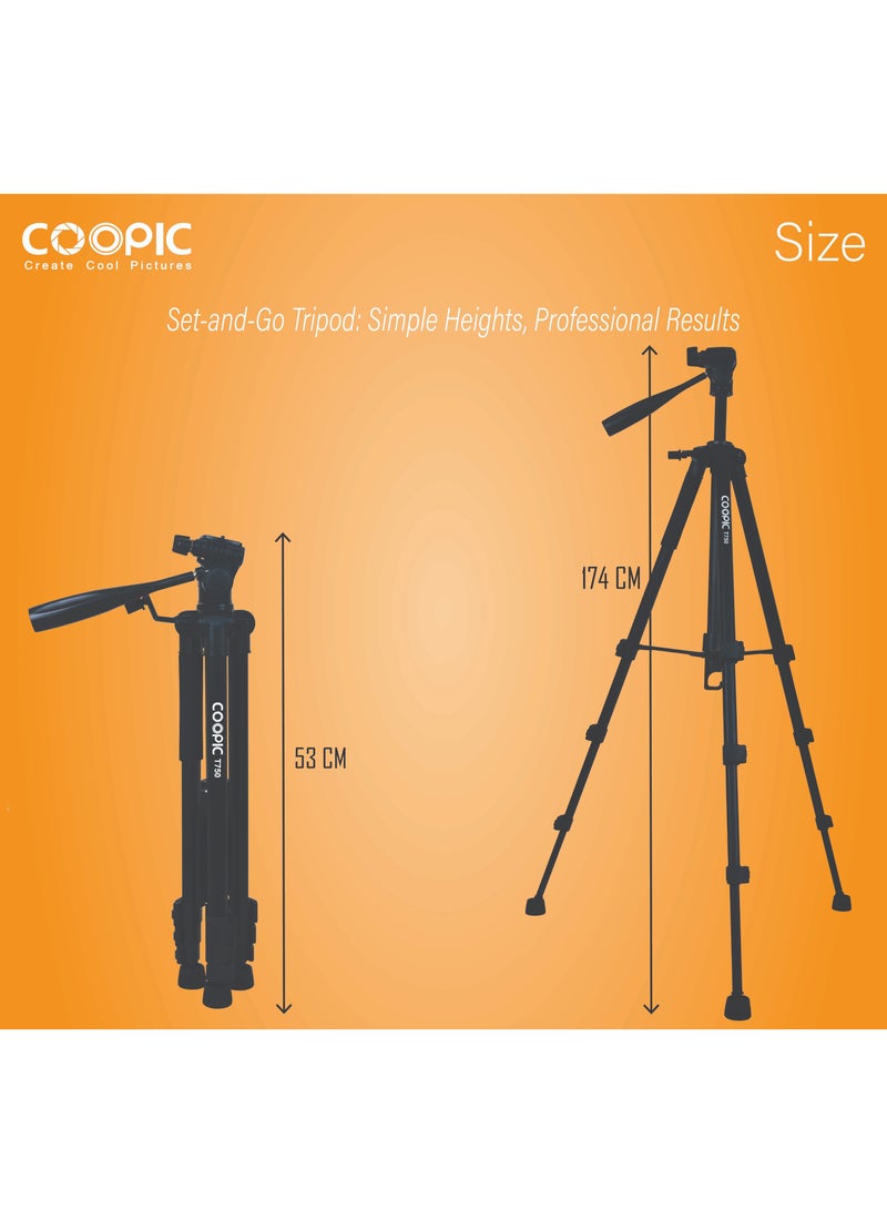 COOPIC T750 Professional Camera and Mobile Tripod 174cm Adjustable Lightweight and Portable Tripod for DSLR Mirrorless and Smartphone Photography - Ideal for Travel Landscape and Portrait Photography - Image 2