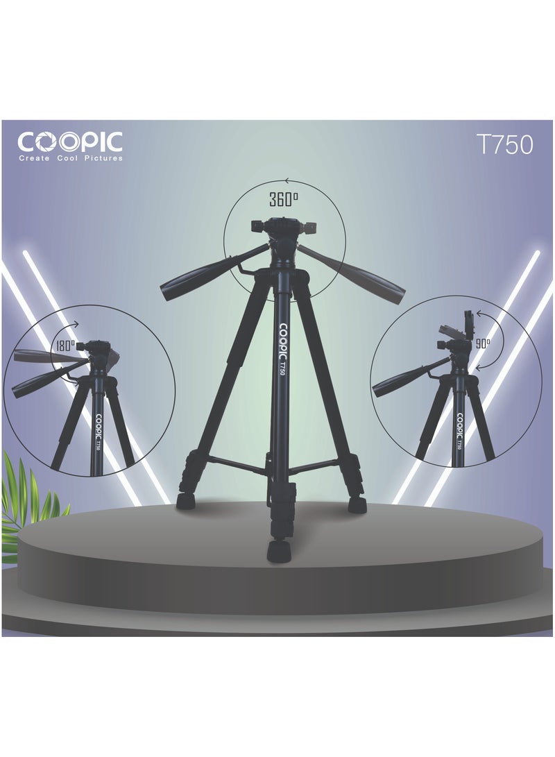 COOPIC T750 Professional Camera and Mobile Tripod 174cm Adjustable Lightweight and Portable Tripod for DSLR Mirrorless and Smartphone Photography - Ideal for Travel Landscape and Portrait Photography - Image 4