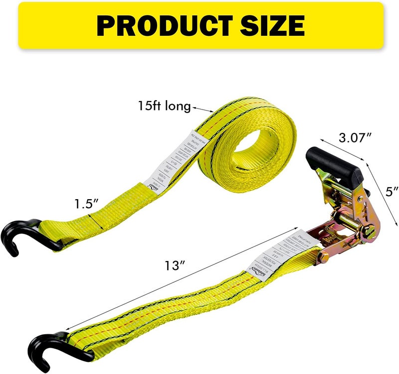 Autofonder 4pcs 1-1/2 x 15 ft Heavy Duty Ratchet Cargo Tie Down Straps 3000 lbs - Image 3