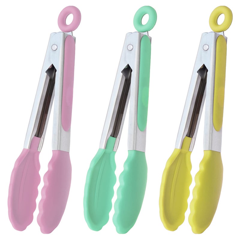 HINMAY Small Tongs with Silicone Tips 7Inch Serving Tongs Set of 3 Pink Mint Yellow