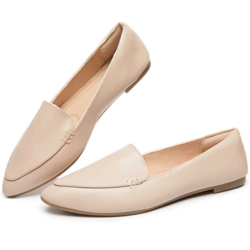 FINIWOR Loafers for Women Flats Shoes Women Pointed Toe Dress Shoes Comfortable Memory Foam Penny Loafers Slip On Shoes(Beige US6) - Image 1