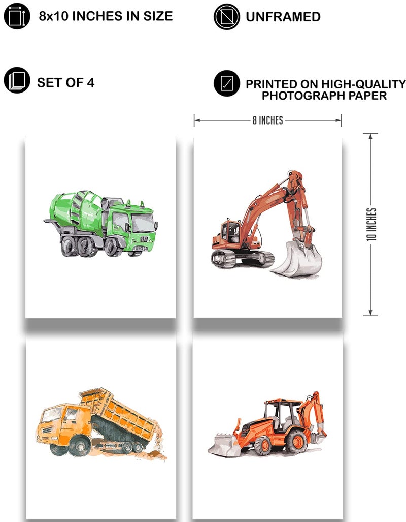 غوفيفو Govivo Boy's Construction Meaticles Art Wall - مجموعة من 4 (8x10) مطبوعات غير متطورة - ديكور غرفة الحضانة الحديثة للأولاد - غرفة الألعاب وجدار غرفة اللعب - Image 2
