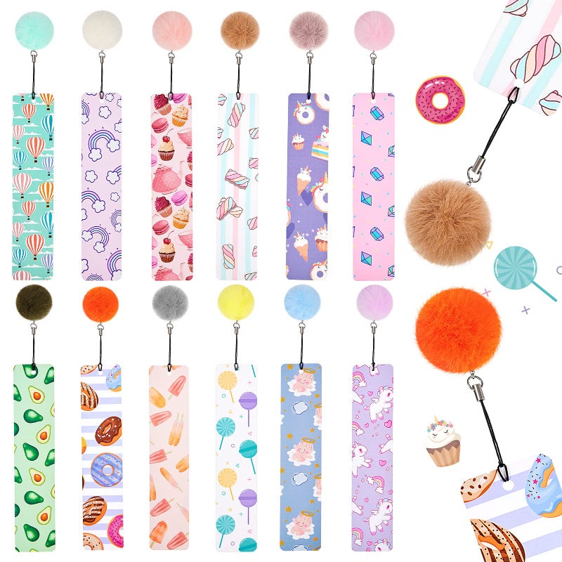 Outus 12 Pack Cute Bookmarks for Kids Girly Book Marks with Rulers Fluffy Pendant Page Markers Reading Accessories Gift for Girls Women Students School Supplies Classroom Rewards Bookworm Party Favors - Image 1