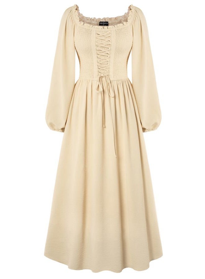 Scarlet Darkness Renaissance Dress Women Long Sleeve Cottagecore Smoked Dress with Pockets, Apricot, S - Image 1