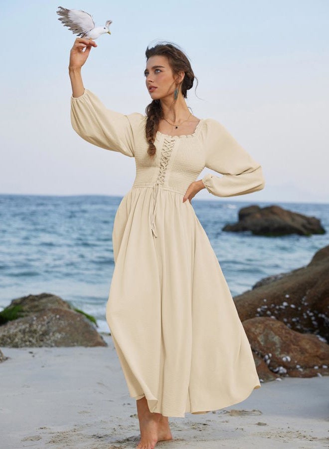 Scarlet Darkness Renaissance Dress Women Long Sleeve Cottagecore Smoked Dress with Pockets, Apricot, S - Image 2