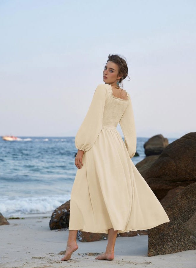 Scarlet Darkness Renaissance Dress Women Long Sleeve Cottagecore Smoked Dress with Pockets, Apricot, S - Image 4